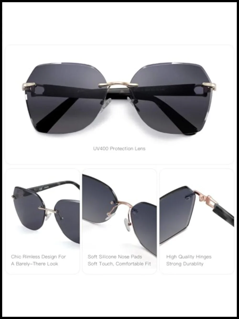 Oversized Rimless Diamond Cutting Gradient Lens Sunglasses UV400
